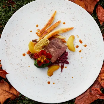 Küchenlinie Gourmet-Rindfleischgericht mit Wurzelgemüse und Garnitur auf weißem Teller zwischen Herbstblättern